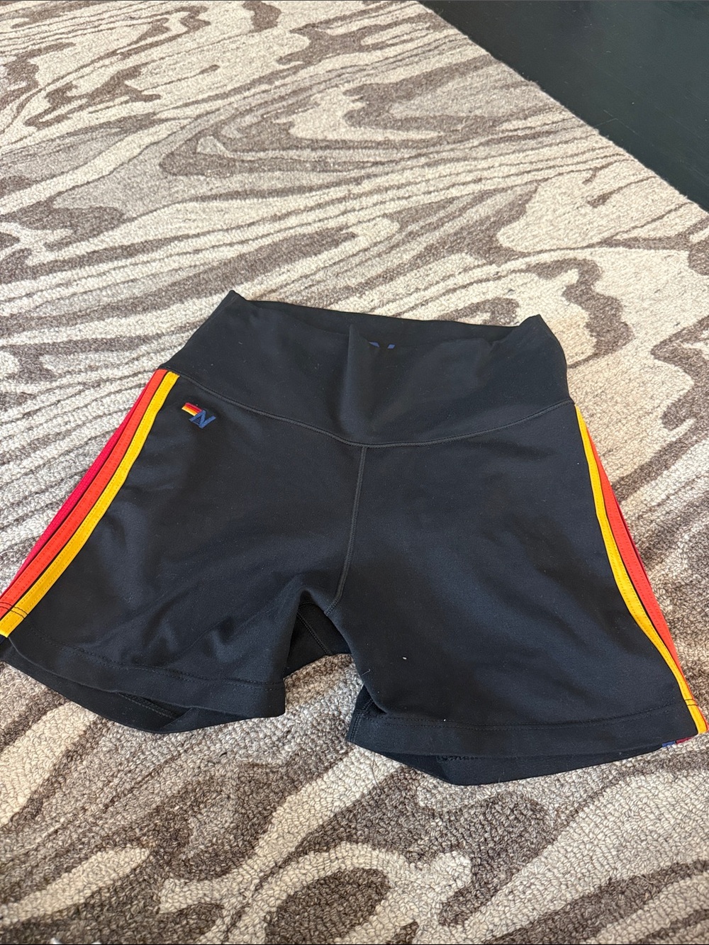 Aviator Nation Black Women’s Athletic Shorts with Red & Yellow Side Stripes